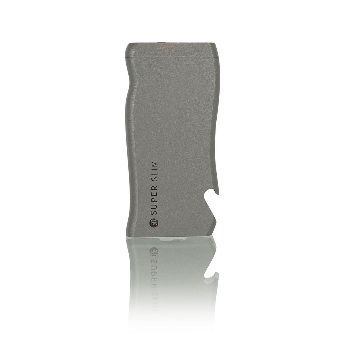 Super Slim Aluminum Dugout - Powder Coated - Black, a sleek card-style wallet with a bottle opener notch, designed for portability and smoking convenience.