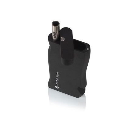 Super Slim Aluminum Dugout - Powder Coated - Black, featuring a sleek black design with a metal handle and tube, includes an integrated stainless steel one hitter.