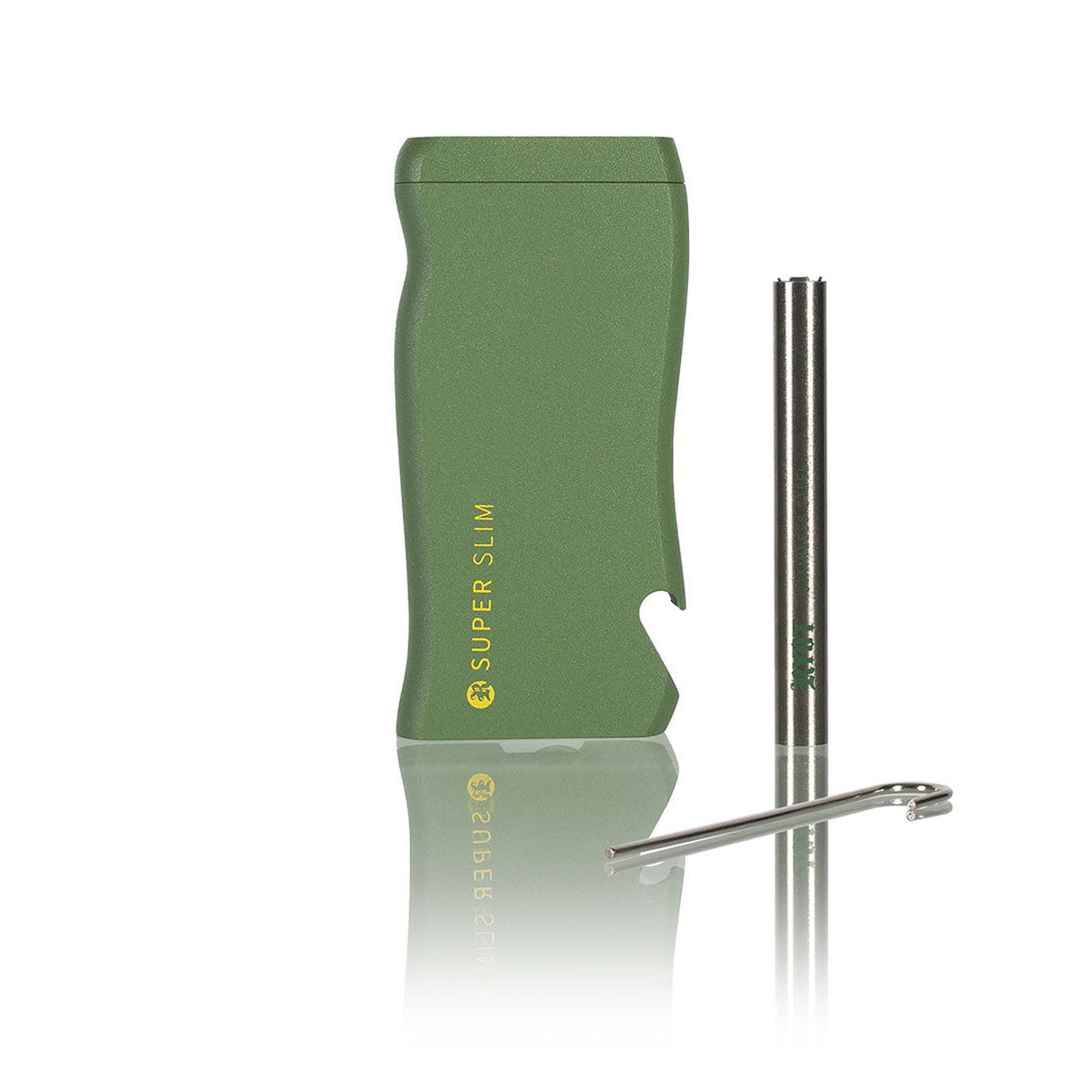 Super Slim Aluminum Dugout - Powder Coated - Black with green housing, stainless-steel tube, and metal packing rod for effortless pre-roll cone filling.