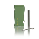 Super Slim Aluminum Dugout - Powder Coated - Black with green housing, stainless-steel tube, and metal packing rod for effortless pre-roll cone filling.