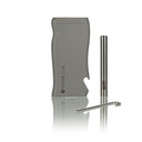 Super Slim Aluminum Dugout - Powder Coated - Black shown disassembled with a credit-card-thick housing, stainless steel one-hitter tube, and metal poker tool.