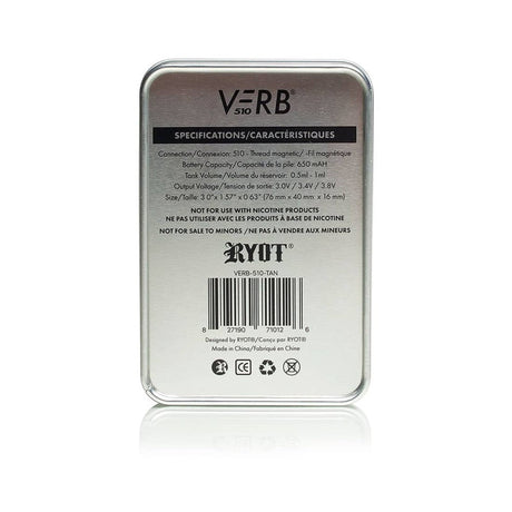 VERB 510 Thread Battery in a silver metal box with black text, featuring a barcode, designed for 510 threaded cartridges with multiple power modes and magnetic adapters.