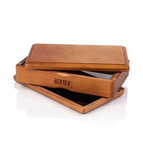 Walnut Solid Top Storage Box - Medium, featuring a stained wooden body, sliding lid, RYOT branding, and magnetic closures for secure, organized storage and sifting.