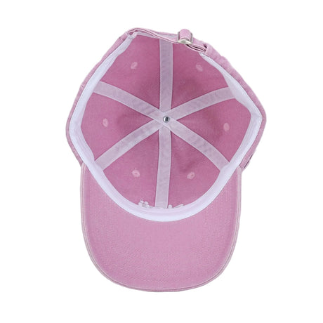 A pink rollers cap shown from the back, featuring a pink fabric crown with white contrast stitching and a matching pink curved brim