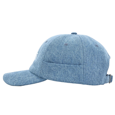 Light blue denim roller cap with a curved brim, adjustable back strap, and a side pocket, shown against a white background