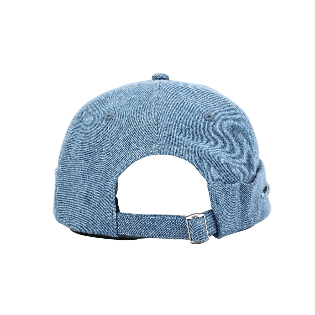 Light blue denim roller cap shown from the back, featuring an adjustable buckle strap and a curved crown