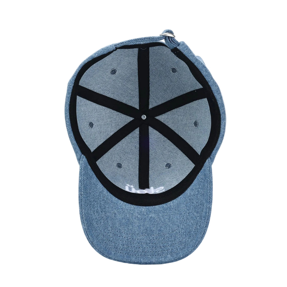 A light blue denim rollers cap shown from the back, featuring black fabric panels and black stitching