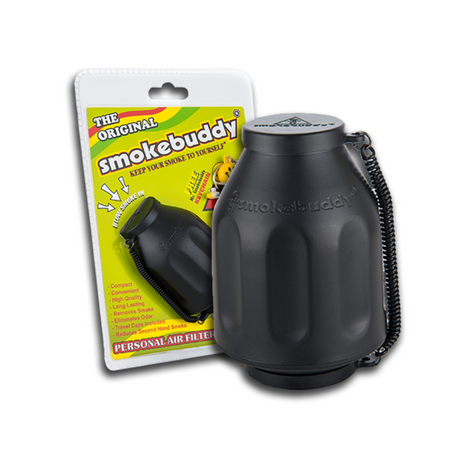 Smokebuddy Original Air Filter with attached cord and packaging, designed for odor and smoke elimination, displayed on a flat surface.