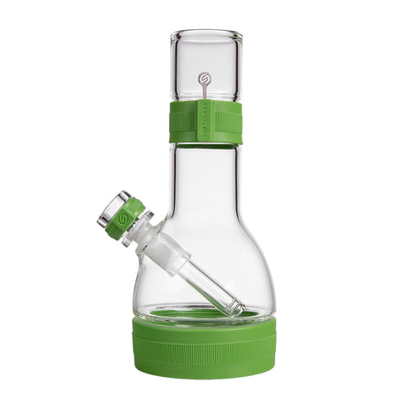 soft glass core bong clear glass with green rubber bands on a white background