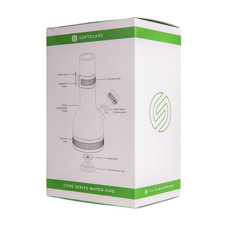 Box of a SoftGlass core series bong with diagram on a white background