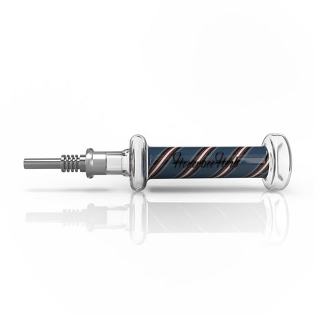 Candy Striped Nectar Collector: Compact glass device with a candy-striped pattern, featuring a 10 mm straw and metal tip, complete with keck clips for secure use.