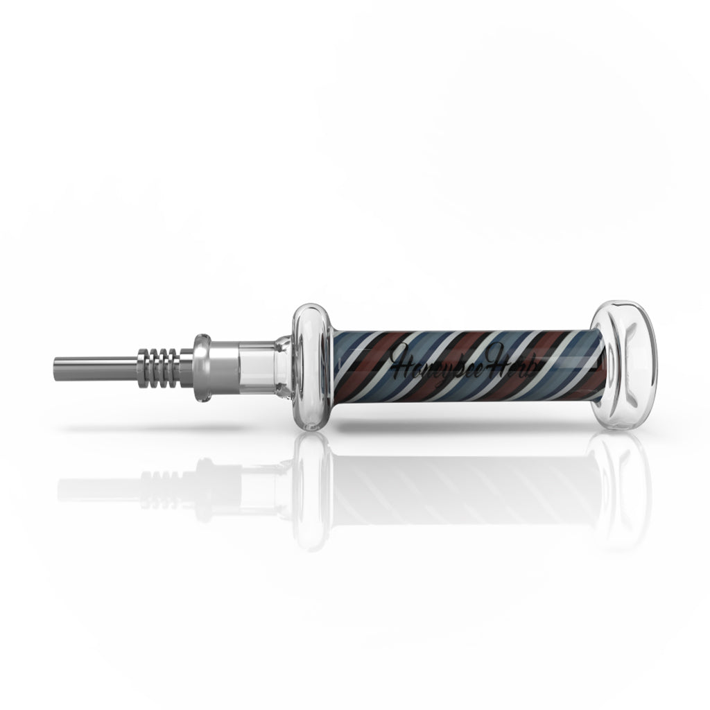 Candy Striped Nectar Collector featuring a glass tube with red, blue, and gray spirals, stainless-steel tip, and glass mouthpiece, branded Honeybee Herb. Includes keck clips.