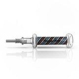 Candy Striped Nectar Collector featuring a glass tube with red, blue, and gray spirals, stainless-steel tip, and glass mouthpiece, branded Honeybee Herb. Includes keck clips.