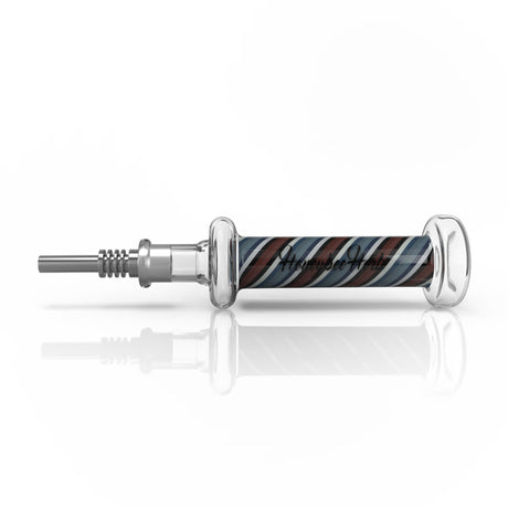 Candy Striped Nectar Collector featuring a glass tube with red, blue, and gray spirals, stainless-steel tip, and glass mouthpiece, branded Honeybee Herb. Includes keck clips.