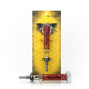 Candy Striped Nectar Collector features a glass handle with red-white stripes, Honeybee Herb text, and stainless-steel tip, showcasing its compact and portable design.