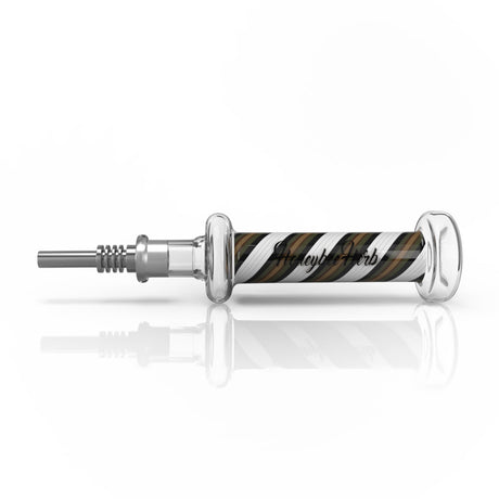 Candy Striped Nectar Collector with metal tip, branded HoneybeeHerb, features a candy-striped glass body, 10 mm straw, and keck clips for stability.