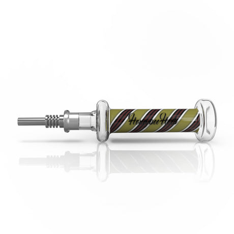 Candy Striped Nectar Collector features a glass body with colored spiral stripes, HoneyBeeHaus script, a rounded mouthpiece, removable metal tip, and keck clips.
