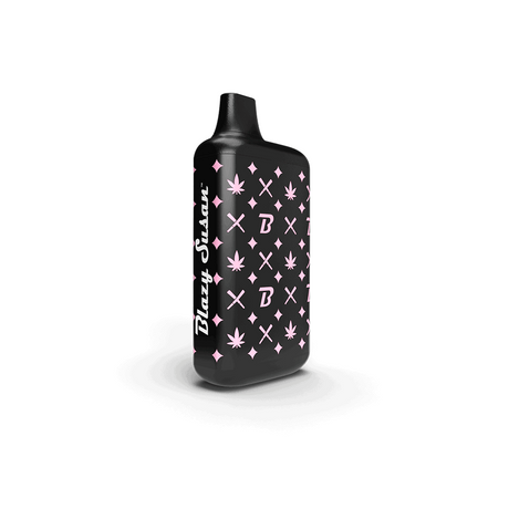 Blazy Susan Secret Box Battery, a black vape device with pink cannabis leaf pattern, features a curved mouthpiece and brand name.