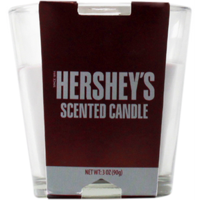 Hershey’s Chocolate Scented Candle in a 3oz glass tumbler, featuring a single wick, designed for strong, nostalgic aroma appeal in head shops and dispensaries.