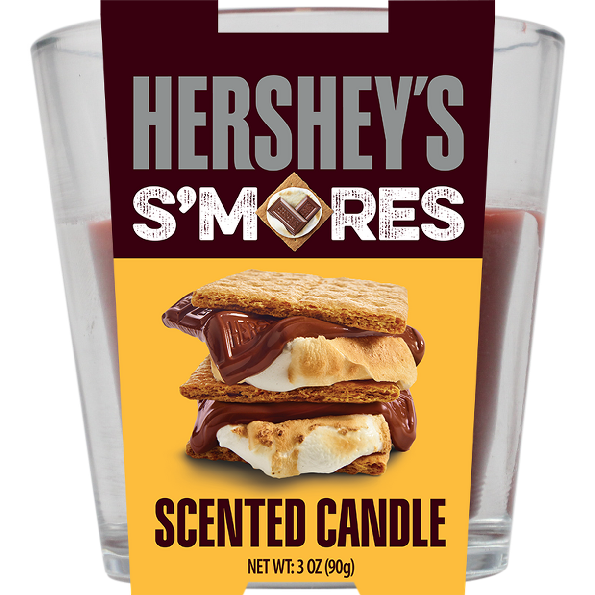 Scented Candle - Hershey’s Smores (24 Hour Burn Time) in a glass tumbler, featuring a label, capturing the aroma of s’mores with a single wick.