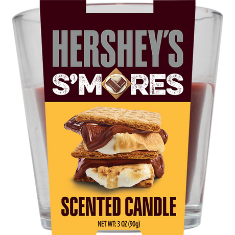 Scented Candle - Hershey’s Smores (24 Hour Burn Time) in a glass tumbler, featuring a label, capturing the aroma of s’mores with a single wick.