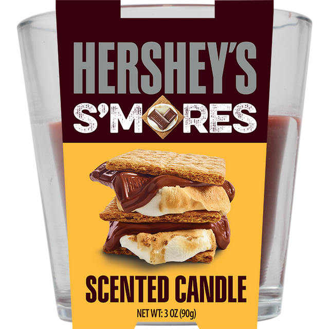 Scented Candle - Hershey’s Smores (24 Hour Burn Time) in a glass tumbler, featuring a label, capturing the aroma of s’mores with a single wick.