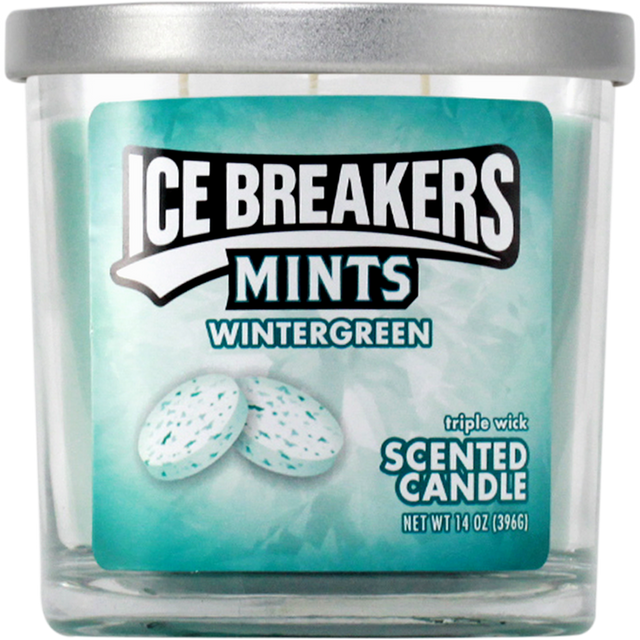 Scented Candle - Icebreakers Wintergreen in a labeled glass jar with three wicks, designed for a crisp wintergreen aroma, ideal for dispensaries.