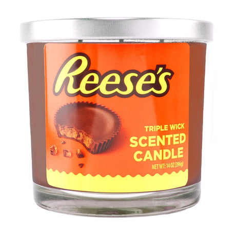 Scented Candle - Reese’s Chocolate, in a glass tumbler, designed to mimic the aroma of Reese’s peanut butter and chocolate, with three wicks.
