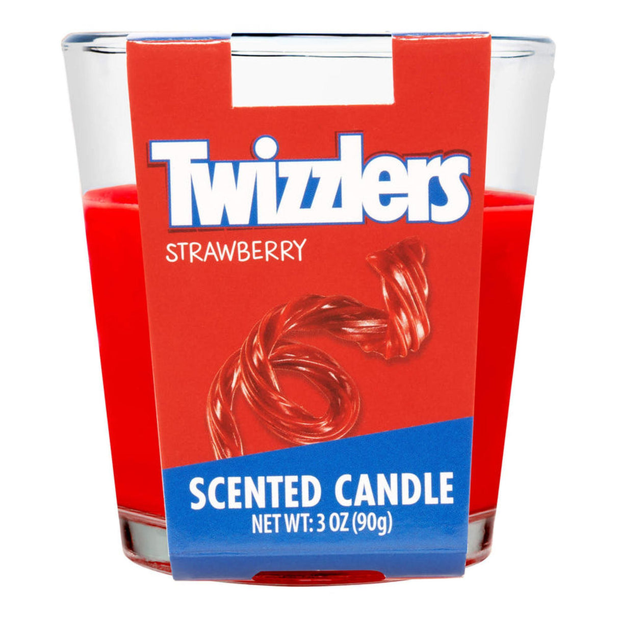 Scented Candle - Twizzlers Strawberry (24 Hour Burn Time) in a glass with a red box, offering a nostalgic strawberry aroma for impulse buys.