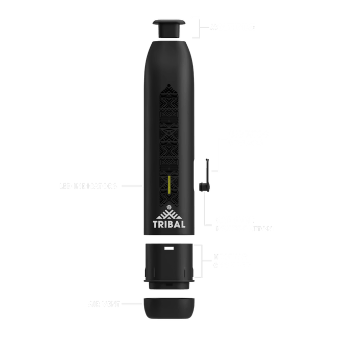 AEROLITH Dry Flower Vaporizer, a sleek black device with a yellow stripe, featuring one-button operation and LED heat indicators for easy use.