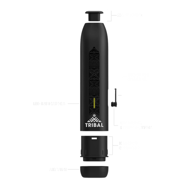 AEROLITH Dry Flower Vaporizer, a sleek black device with a yellow stripe, featuring one-button operation and LED heat indicators for easy use.