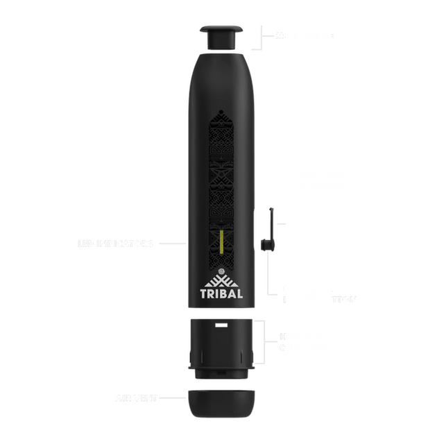 AEROLITH Dry Flower Vaporizer, a sleek black device with a yellow stripe, featuring one-button operation and LED heat indicators for easy use.