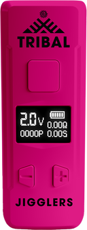 Pro Digital 510 Thread Battery, pink handheld mod, features Tribal logo, OLED display, fire button, adjustable voltage, and JIGGLERS branding.