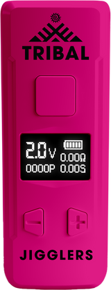 Pro Digital 510 Thread Battery, pink handheld mod, features Tribal logo, OLED display, fire button, adjustable voltage, and JIGGLERS branding.