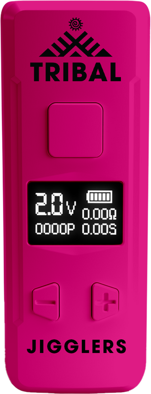 Pro Digital 510 Thread Battery, pink handheld mod, features Tribal logo, OLED display, fire button, adjustable voltage, and JIGGLERS branding.