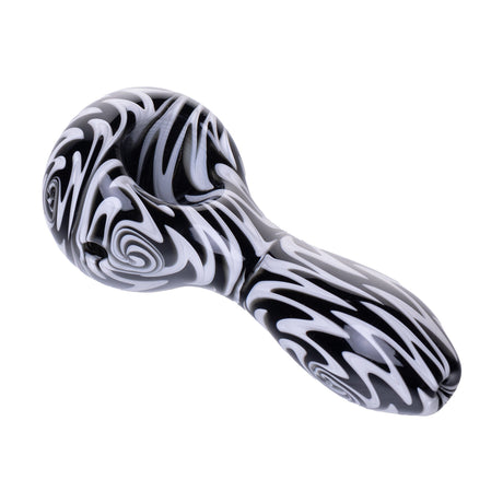 Spoon Pipe Model A - Wig Wag, black with white swirls, features a rounded bowl, mouthpiece, and left-side carb, crafted from durable borosilicate glass.