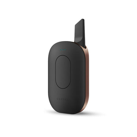 Compact black-and-copper Compass 510 Thread Vape Battery with angled mouthpiece, three LED dots on front, designed for secure cartridge placement and high-performance vaping.
