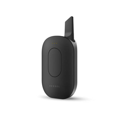 Vessel Compass 510 Thread Vape Battery, sleek matte-black design, features three LED status lights, with a hidden mouthpiece, showcasing its compact, secure cartridge layout.