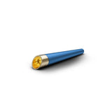 A small, sleek Cone One Hitter with a cylindrical blue metal body and a gold bowl, designed for enhanced airflow and ergonomic use.