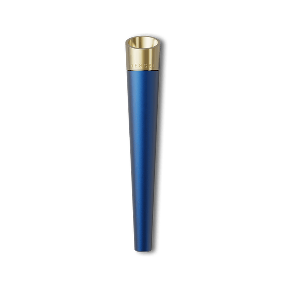 Vessel Cone One Hitter features a metallic-blue, tapered cylindrical body with a gold top band engraved “VESSL,” designed for enhanced airflow and cooling.