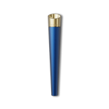 Vessel Cone One Hitter features a metallic-blue, tapered cylindrical body with a gold top band engraved “VESSL,” designed for enhanced airflow and cooling.
