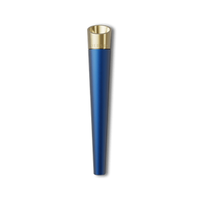Vessel Cone One Hitter features a metallic-blue, tapered cylindrical body with a gold top band engraved “VESSL,” designed for enhanced airflow and cooling.