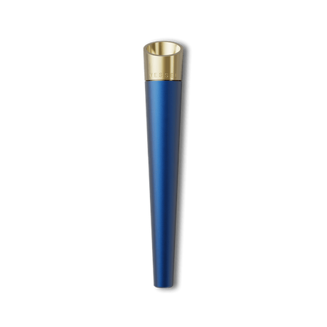 Vessel Cone One Hitter features a metallic-blue, tapered cylindrical body with a gold top band engraved “VESSL,” designed for enhanced airflow and cooling.