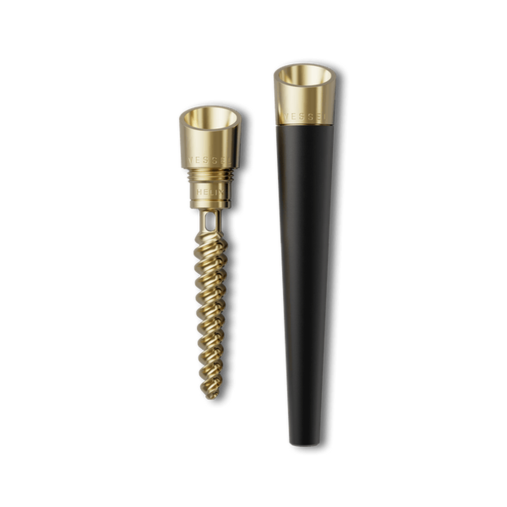Precision Cone One Hitter with gold double helix design and black holder, used for removing screws and enhancing airflow in dry herb accessories.