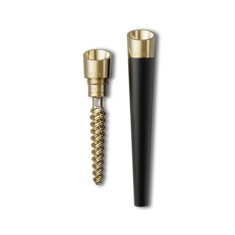 Precision Cone One Hitter with gold double helix design and black holder, used for removing screws and enhancing airflow in dry herb accessories.