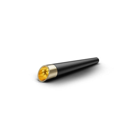 Vessel Cone One Hitter: Matte black, pen-shaped dry herb pipe with metallic gold tip, featuring a sleek ergonomic design for enhanced airflow and cooling.
