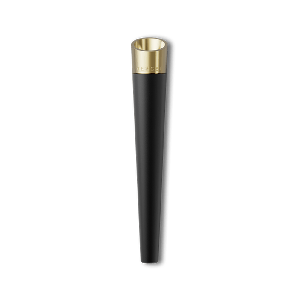 Vessel Cone One Hitter: A sleek, black tapered pipe with a gold-plated bowl engraved with VESSEL, offering ergonomic design and enhanced airflow for dry herb use.