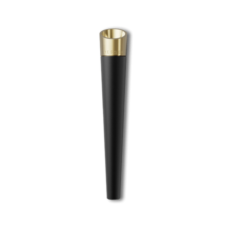 Vessel Cone One Hitter: A sleek, black tapered pipe with a gold-plated bowl engraved with VESSEL, offering ergonomic design and enhanced airflow for dry herb use.