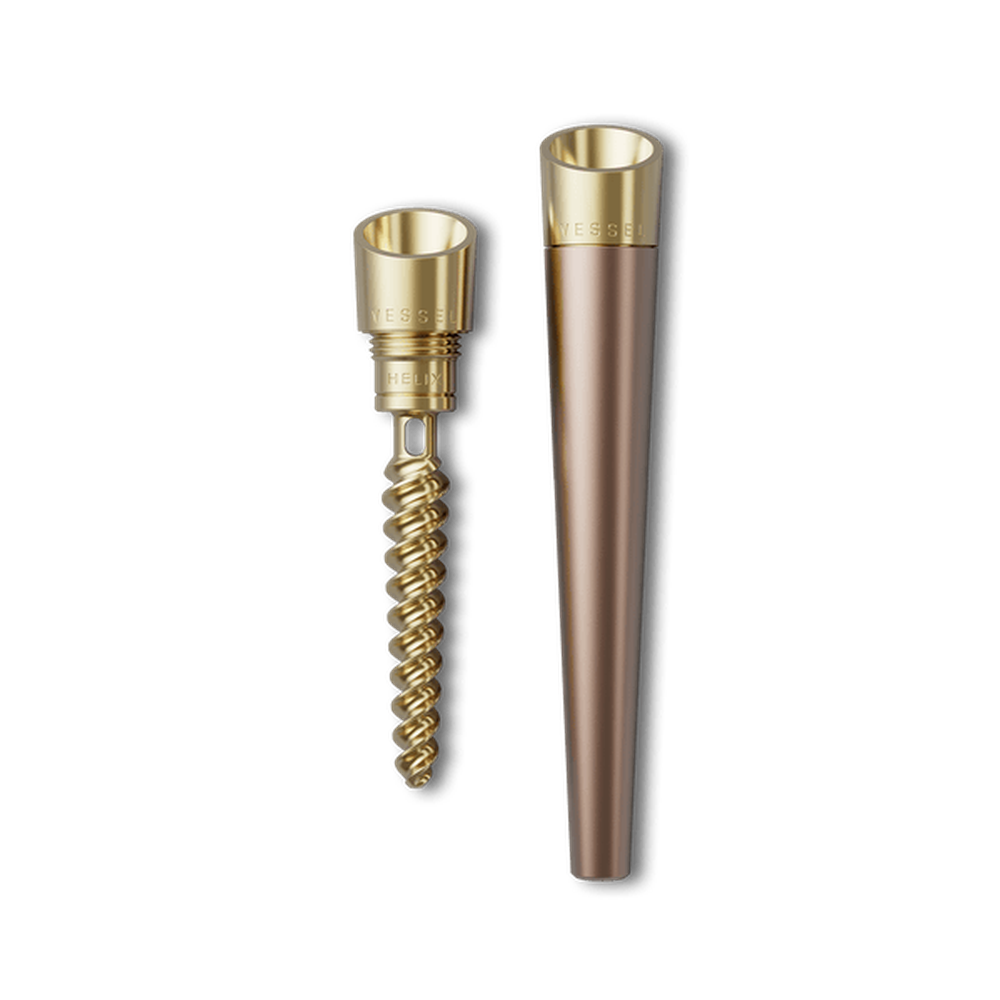 Vessel Cone One Hitter with Helix insert and tapered mouthpiece, showcasing precision-machined, gold-tone metal components for enhanced dry-herb vaporizing.