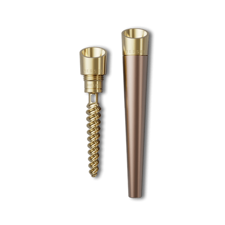 Vessel Cone One Hitter with Helix insert and tapered mouthpiece, showcasing precision-machined, gold-tone metal components for enhanced dry-herb vaporizing.